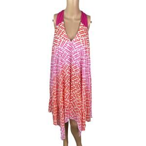 Jantzen Pink Orange Geometric Print Asymmetric Swim Cover Up Dress SZ M/L
